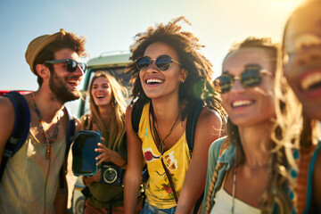 A group of friends traveling together, enjoying youth and adventure with 
