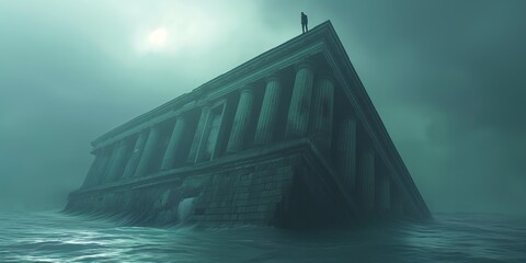 Fototapeta premium A lone figure on a crumbling bank building submerged in a foggy sea, symbolizing financial collapse, bankruptcy, and instability, depicting the impermanence of financial institutions