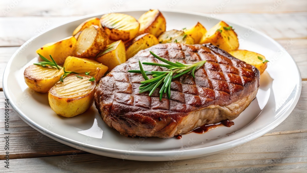 Canvas Prints Appetizing steak and potatoes served on a white plate, steak, potatoes, meal, dinner, delicious, food, cooked