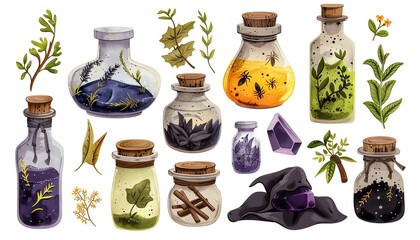 A witchs brew ingredients, Halloween set, vector design, jars and herbs, isolated on white background,