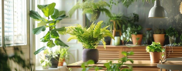 Fototapeta premium Dining room with a variety of decorative plants on the sideboard and windowsill, soft evening light, creating a warm ambiance, ample copy space