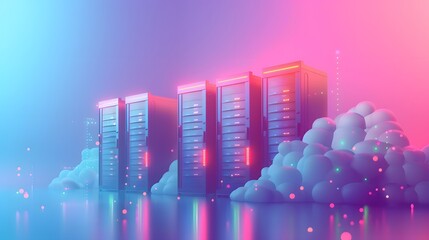 Fototapeta premium Futuristic server room in the clouds with colorful neon lights and abstract digital elements, representing data storage and cloud computing.