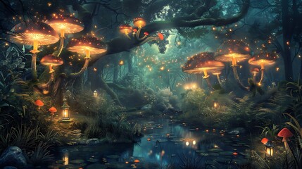 Glowing Mushrooms and Fireflies in Mystical Forest at Night