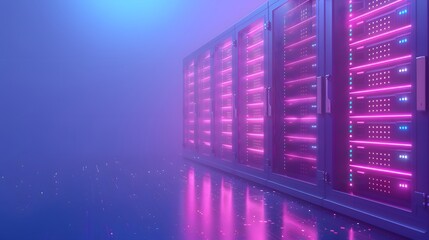 Fototapeta premium Futuristic server room with glowing pink lights, showcasing advanced technology and modern data storage solutions in a sleek environment.
