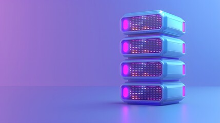 Obraz premium Futuristic server stack with glowing lights in purple tones, showcasing modern data center technology and digital storage solutions.