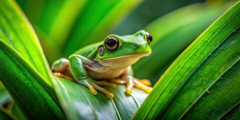 Close-up image of a small green frog blending in with tropical leaves in its natural habitat, frog, green, nature