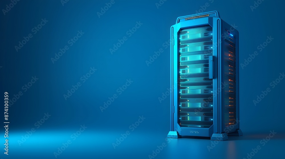 Poster modern blue illuminated server rack in a data center with ample storage capacity, representing advan