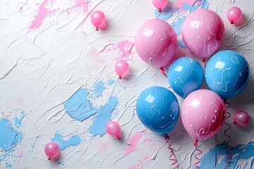 Pink and blue balloons on a white background with copy space