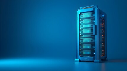 Modern blue illuminated server rack in a data center with ample storage capacity, representing advanced technology and network infrastructure.