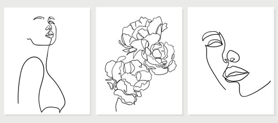 Set of abstract portrait and flowers in one line style . Woman beauty fashion concept. - Vector illustration