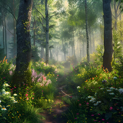 Obraz premium Misty Forest Wonderland with Sunlit Canopy, Colorful Wildflowers, and Inviting Pathway for Tranquil Exploration