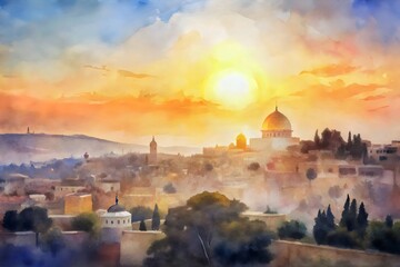 Sunset Cityscape Watercolor Painting Historic Skyline Domes Silhouette
