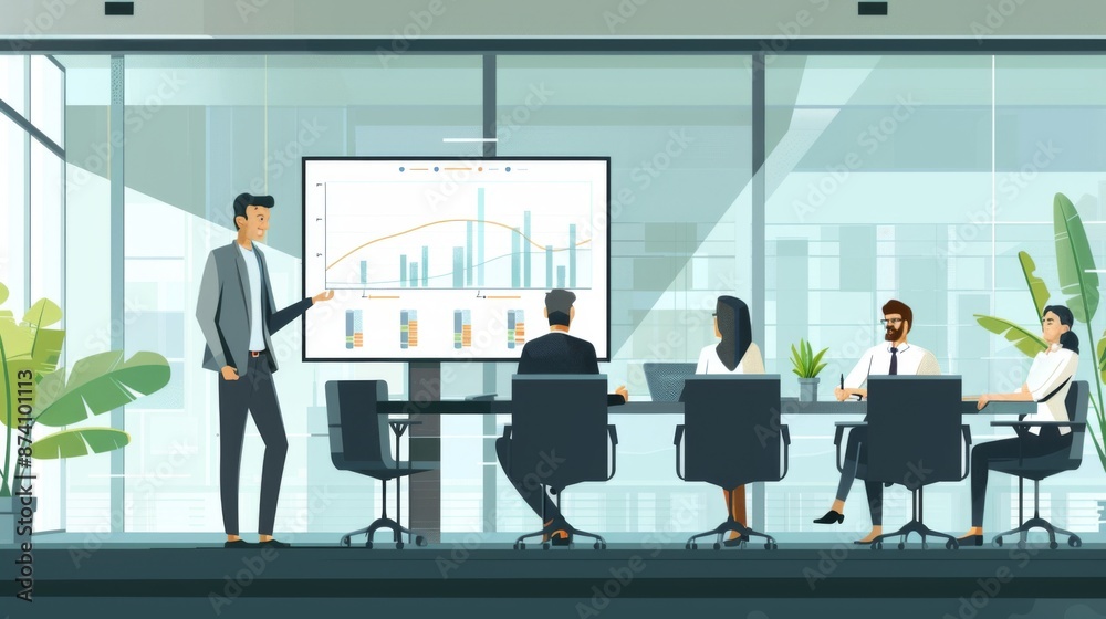 Poster a businessman presenting a business graph on a large screen to colleagues in a modern conference roo