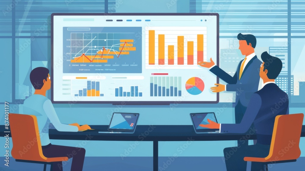 Poster a businessman presenting a business graph on a large screen to colleagues in a modern conference roo