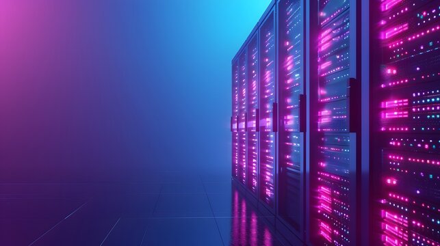 Modern data center server room with futuristic neon lights, highlighting advanced technology and high-speed internet infrastructure.
