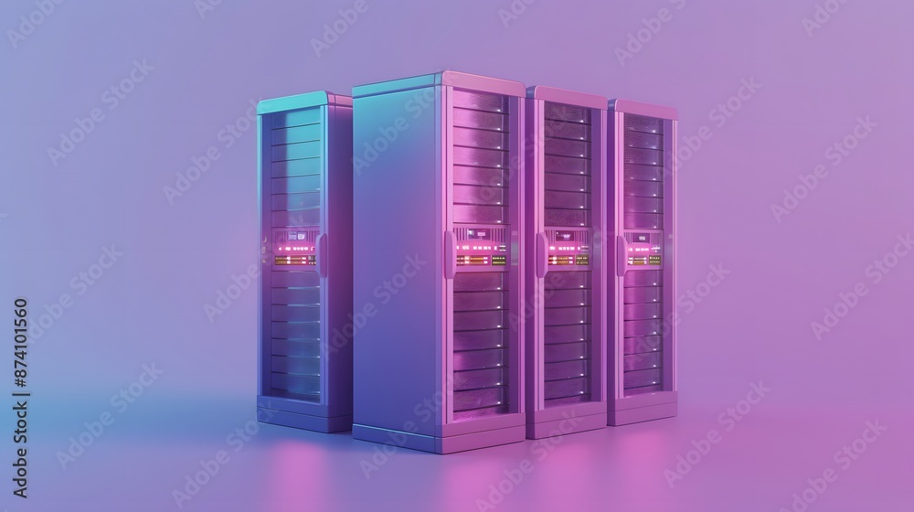 Poster modern data center with colorful lighting, showcasing high-performance server racks and advanced tec