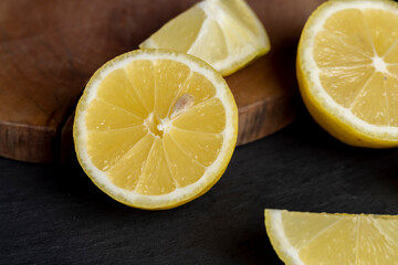 close-up of a table with slices of yellow lemon
