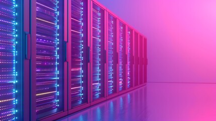 Obraz premium Modern data center with glowing lights and racks of servers under vibrant pink and blue ambient lighting.