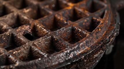Edges of Cast Iron Waffle Iron: Close-up Horizontal Detail on Colorful Background