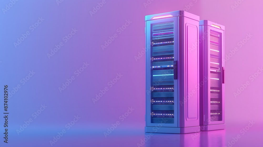 Poster modern data server rack in a vibrant blue and pink gradient background. high-tech storage solution f