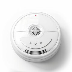 A white, round home security device with a red light and a speaker.