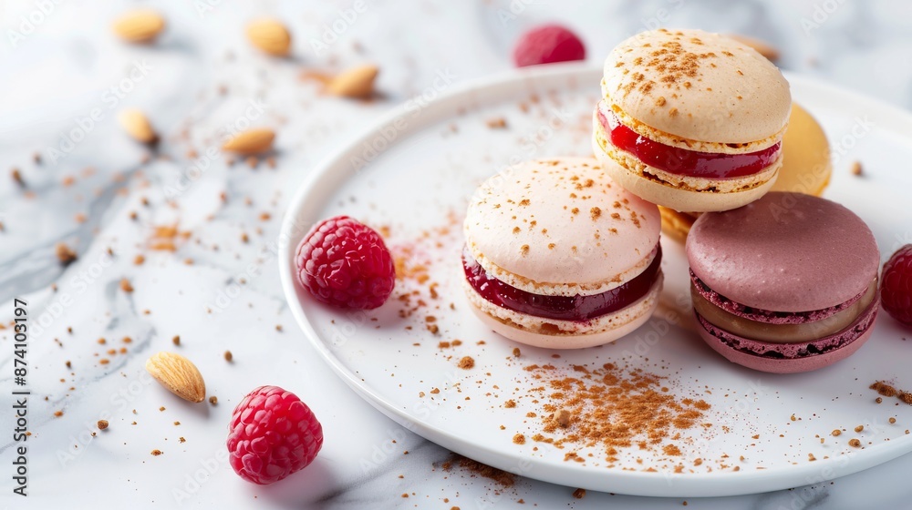 Sticker French macarons on a white plate styled on a marble surface. Gourmet desserts with berries and nuts. 