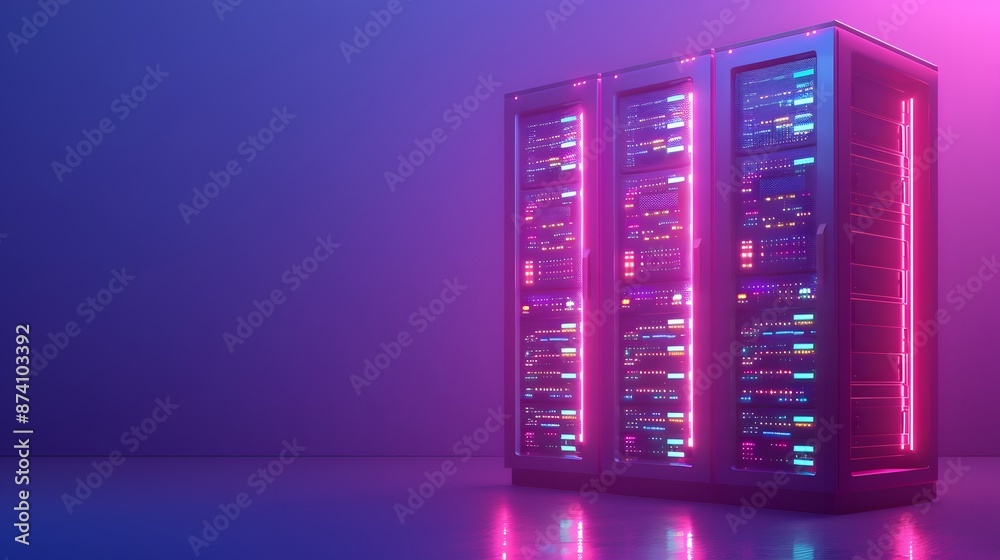 Poster modern data server room with vibrant neon lighting. high-tech server racks showcasing advanced techn