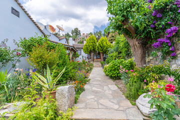 Traditional Aegean house garden view in Turkey