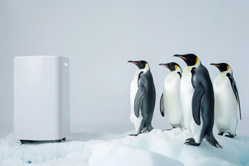 Fototapeta premium Four emperor penguins standing on an iceberg in the snow are looking at a portable air conditioner, concept of powerful cooling technology for climate control