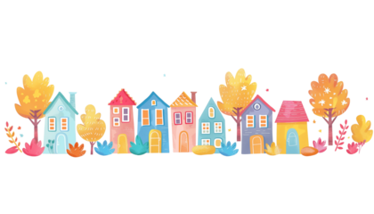 2d cartoon, city with colorful country houses frontal superimposed on a straight line on transparent background