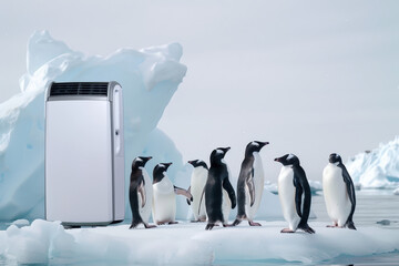 Group of penguins is standing on an iceberg with a portable air conditioner in the background, highlighting the concept of extreme cooling