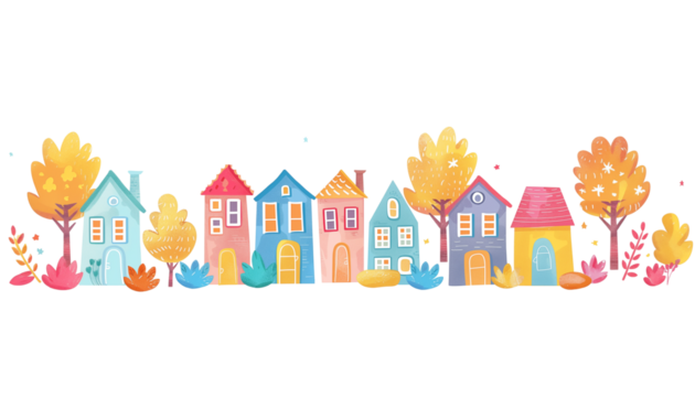 2d cartoon, city with colorful country houses frontal superimposed on a straight line on transparent background