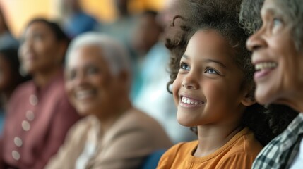 Fototapeta premium Child smiles joyfully, surrounded by family in a vibrant audience.
