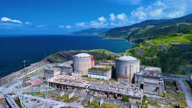 Ruins of the abandoned Lemoniz Nuclear Power Plant. Aerial view from a drone. Lemoniz. Vizcaya. Basque Country. Spain. Europe