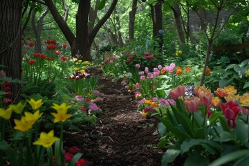 Serene forest garden with blooming flowers and green trees, creating a peaceful and natural landscape under soft daylight