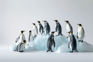 Obraz premium Majestic king penguins stand gracefully on melting icebergs, highlighting the impact of climate change on antarctica's fragile ecosystem