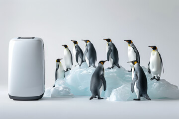 Group of penguins is standing on ice blocks, enjoying the fresh, cool air produced by a portable air conditioner