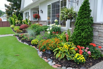Naklejka premium Charming home garden with blooming flowers and green lawn, captured under bright daylight, creating a colorful and inviting landscape