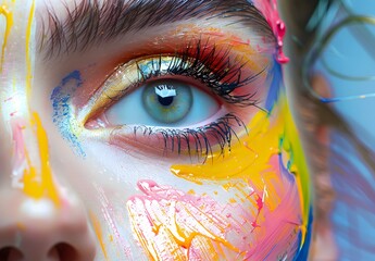 Close up of face with colorful paint strokes on it, with colorful eye makeu