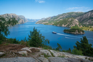 Cruise ship in fjord.Norwy landscape at summer.