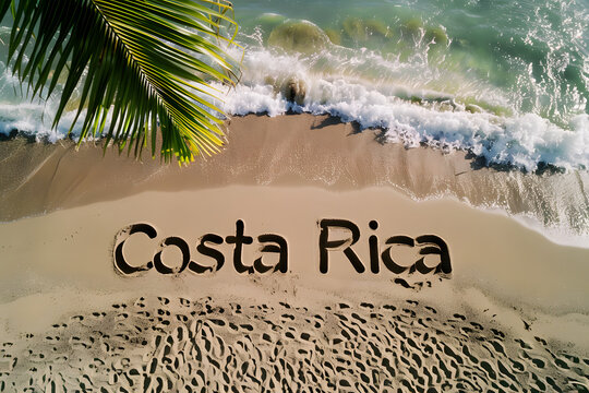 Costa Rica written on pristine sandy beach, with waves gently crashing nearby, palm leaf casting shadow. The essence of tropical paradise, inviting viewers relaxing getaway