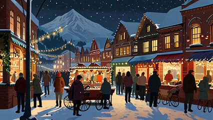 Obraz premium illustration of a festive holiday market bustling with people, stalls adorned with twinkling lights, and a backdrop of snowy mountains