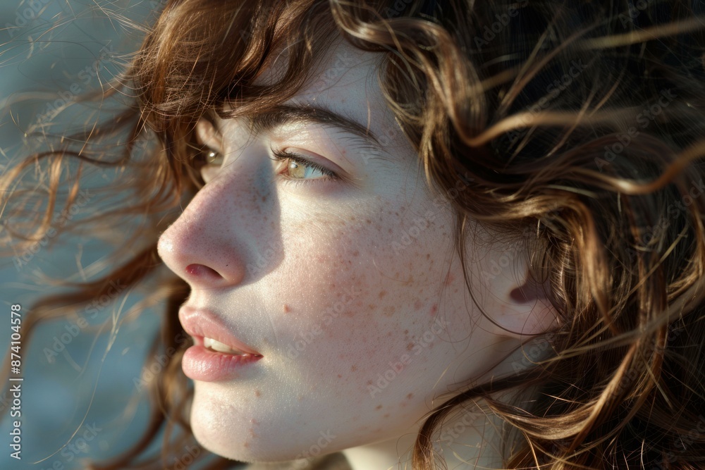 Poster Closeup portrait of a serene young woman with freckles and natural beauty. Illuminated by the soft. Sunlit glow of the golden hour. Showcasing her contemplative. Daydreaming expression