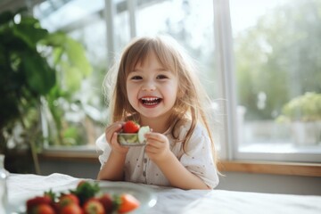 Fototapeta premium Strawberry eating child happy.