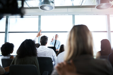 Presentation, conference and speaker with audience questions for discussion, office meeting and...