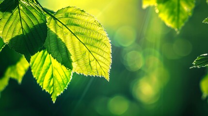 Close up of sunlit green leaves in the forest. Vibrant nature with fresh foliage under sunlight. Perfect for background, wallpaper or conceptual art. The image has a natural, serene style. AI