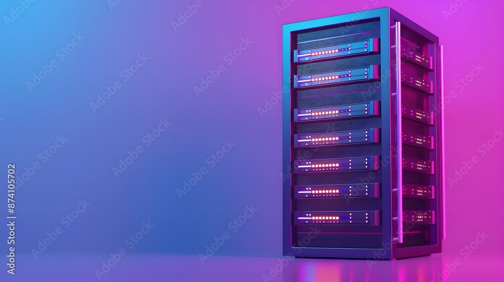 Poster modern server room with illuminated server rack on a colorful gradient background, representing tech