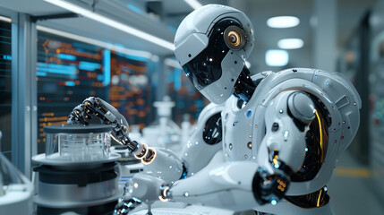 Fototapeta premium A humanoid robot collaborating with people to complete challenging tasks in a modern, high-tech lab.
