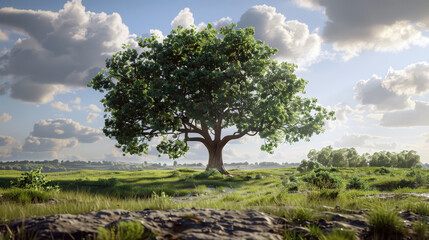 oak tree standing tall in an open grassy area, set against a backdrop of a clear, partly cloudy sky.