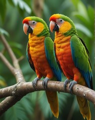 A vibrant image of a pair of brightly colored parrots perched on a tree branch, showcasing their striking plumage.